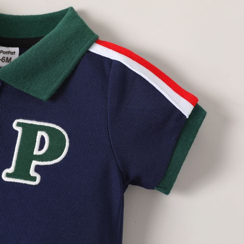 Baby Boy Letter Embroidered Contrast Polo Collar Short-sleeve Romper ColorBlock big image 4