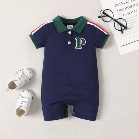 Baby Boy Letter Embroidered Contrast Polo Collar Short-sleeve Romper ColorBlock big image 1