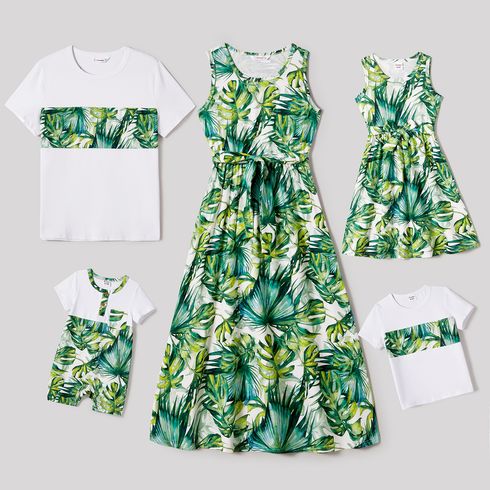 Family Matching Allover Plant Print Belted Tank Dresses and Short-sleeve T-shirts Sets