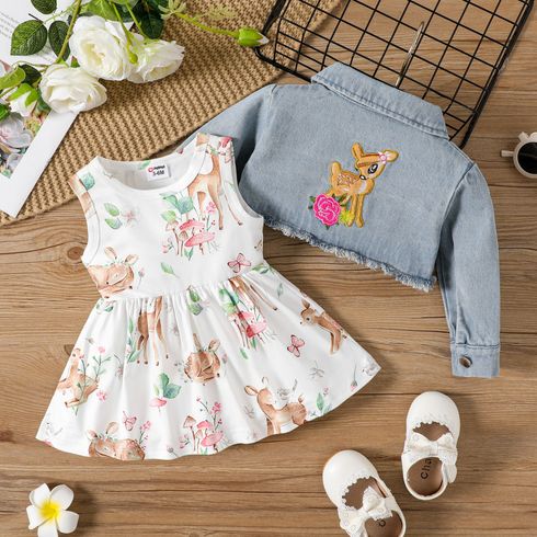 2pcs Baby Girl Allover Deer Print Tank Dress and Long-sleeve Raw Trim Denim Crop Jacket Set