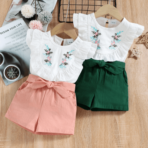 2-piece Baby / Toddler Girl Pretty Floral Embroidery Top and Solid Shorts Sets Pink big image 8
