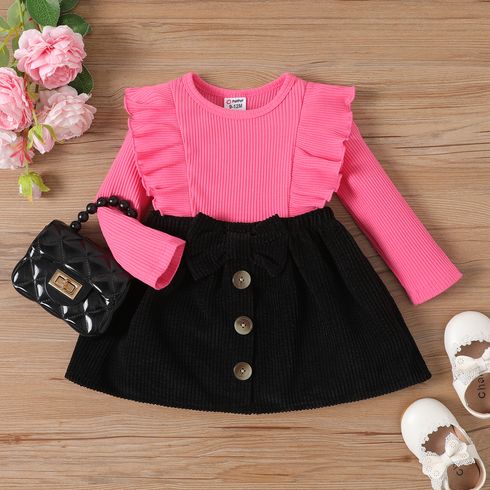 2pcs Baby Girl Ribbed Ruffle Long-sleeve Top and Solid Buttons Skirt Set