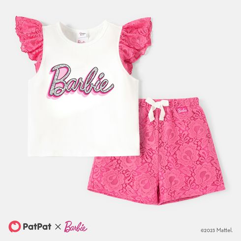 Barbie Toddler/Kid Girl 2pcs Glitter Letter Print Flutter-sleeve Top and Guipure Lace Shorts Set