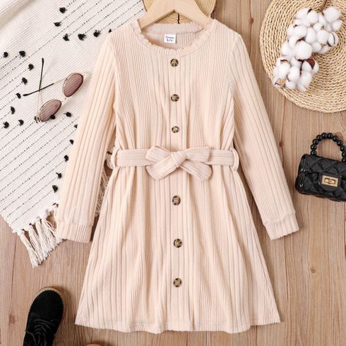 Kid Girl Button Up Long-sleeve Belted Knit Dress