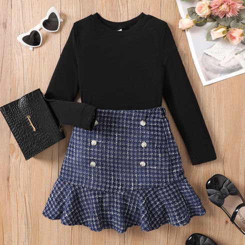2pcs Kid Girl Solid Ribbed Long-sleeve Tee and Buttons Front Ruffle Skirt Set