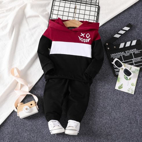 2pcs Baby Boy Novelty Face Print Color Block Hoodie and Pants Set