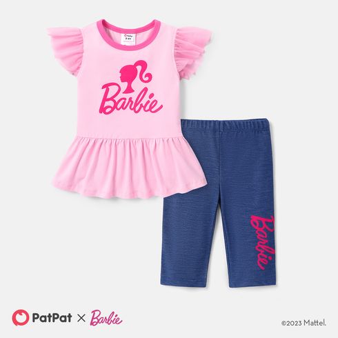 Barbie Toddler Girl 2pcs Letter Print Mesh Flutter-sleeve Ruffled Tee and Leggings Shorts Set