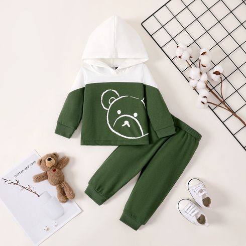 2pcs Baby Boy Bear Print Color Block Hoodie and Pants Set  