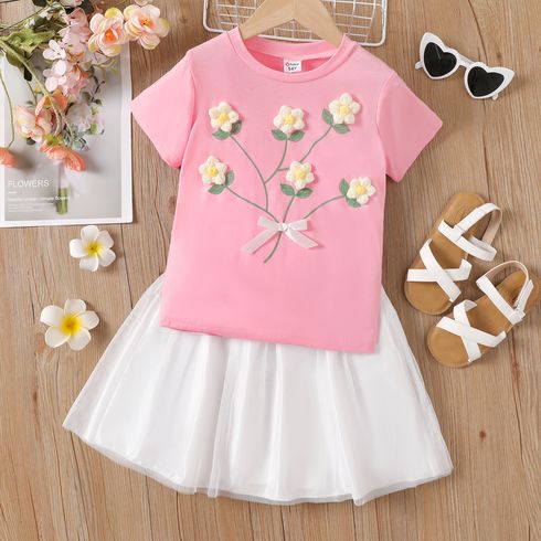 2pcs Kid Girl Floral Pattern Short-sleeve Tee and Mesh Solid Skirt Set