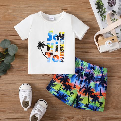 2pcs Baby Boy Palm Tree Letter Print Colorful Short-sleeve Tee and Shorts Set 
