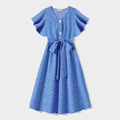 Family Matching Dots Pattern Belted Ruffle-sleeve Dresses and Colorblock T-shirts Sets Blue big image 2