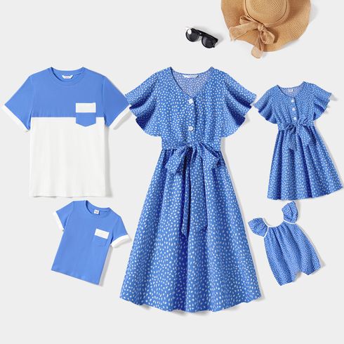 Family Matching Dots Pattern Belted Ruffle-sleeve Dresses and Colorblock T-shirts Sets Blue big image 1