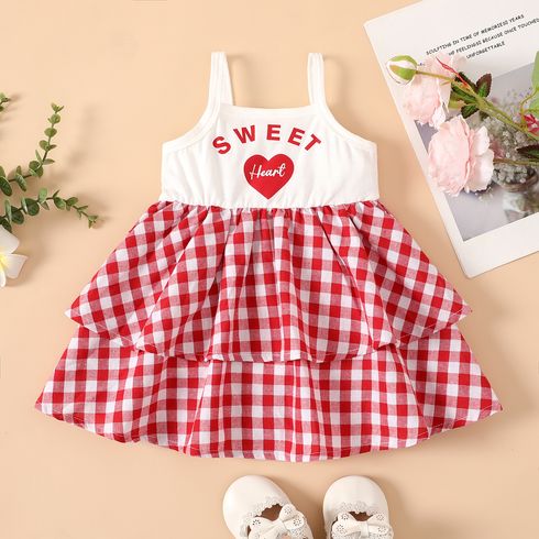 Baby Girl Cotton Letters Heart Print Plaid Slip Dress