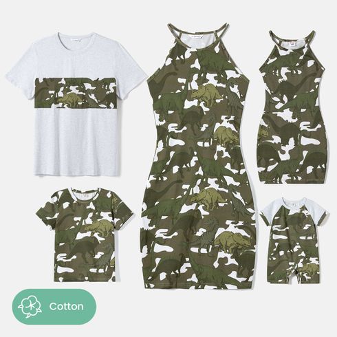 Family Matching Dinosaur Print Camouflage Halterneck Dresses and Short-sleeve T-shirts Sets