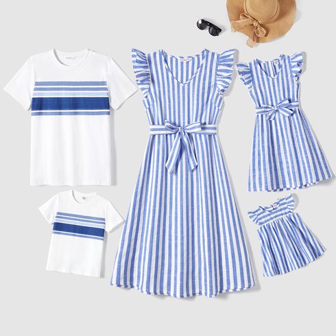 Family Matching Stripe Belted Dresses and 100% Cotton Short-sleeve T-shirts Sets