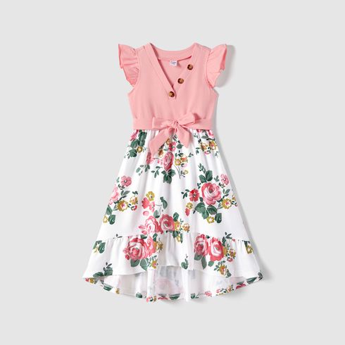 Family Matching Colorblock Short-sleeve Tee and Floral Print Front Buttons Flutter-sleeve Belted Dress Sets
 Light Pink big image 6