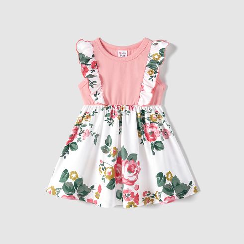 Family Matching Colorblock Short-sleeve Tee and Floral Print Front Buttons Flutter-sleeve Belted Dress Sets
 Light Pink big image 10