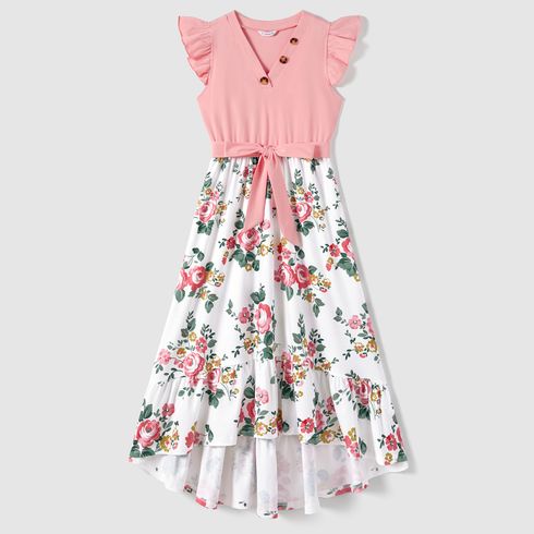 Family Matching Colorblock Short-sleeve Tee and Floral Print Front Buttons Flutter-sleeve Belted Dress Sets
 Light Pink big image 2