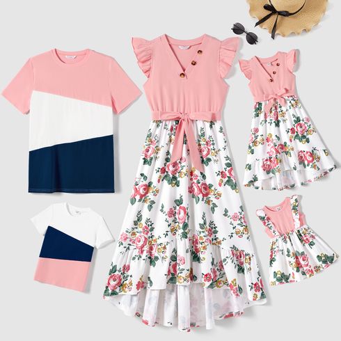 Family Matching Colorblock Short-sleeve Tee and Floral Print Front Buttons Flutter-sleeve Belted Dress Sets
Light Pink big image 1