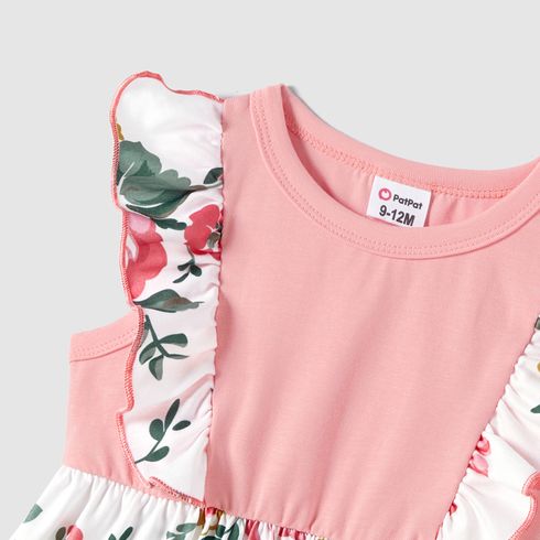 Family Matching Colorblock Short-sleeve Tee and Floral Print Front Buttons Flutter-sleeve Belted Dress Sets
 Light Pink big image 11