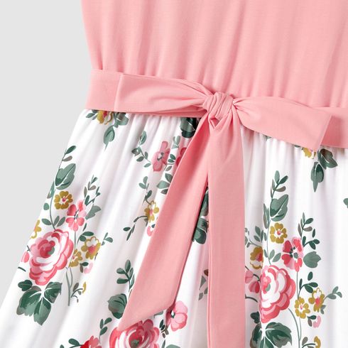 Family Matching Colorblock Short-sleeve Tee and Floral Print Front Buttons Flutter-sleeve Belted Dress Sets
 Light Pink big image 4