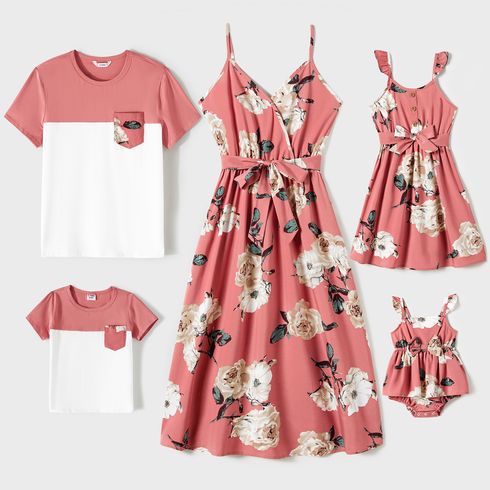 Family Matching Allover Floral Print Belted Slip Dresses and Colorblock Short-sleeve T-shirts Sets