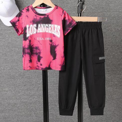 2pcs Toddler Boy Letter Print Tie Dye Short-sleeve Top and Cargo Pants Set 