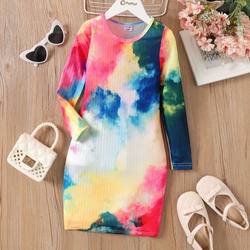 Kid Girl Tie-dye Ribbed Long-sleeve Dress
