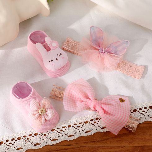 2pcs Baby Bow Decor Lace Headband and Floral Pattern Socks Set