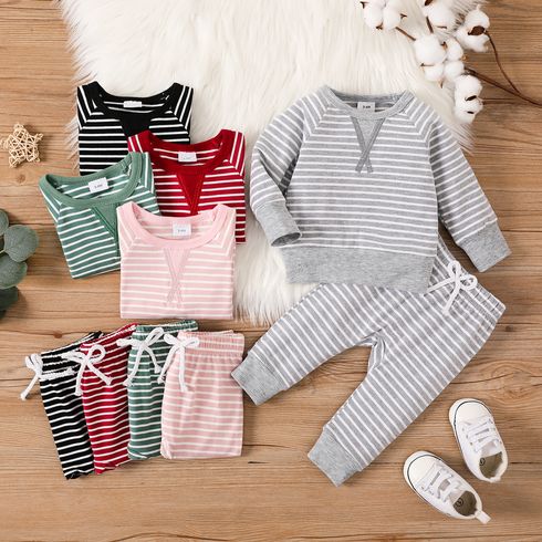 2pcs Baby 95% Cotton Long-sleeve All Over Striped Pullover and Trousers Set