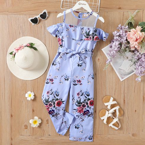 Kid Girl Allover Floral Print Mesh Panel Ruffled Belted Jumpsuit