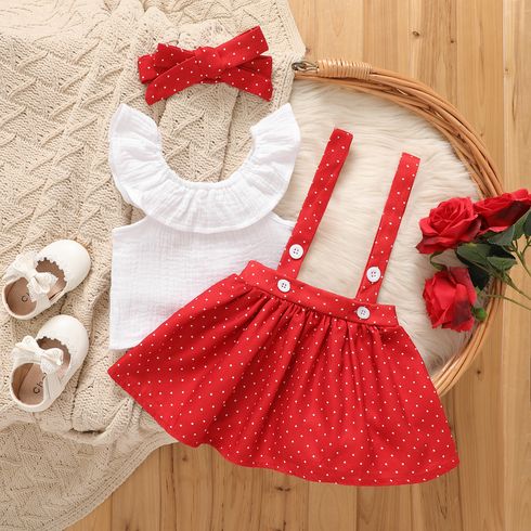 3pcs Baby Girl 100% Cotton Ruffled Tank Top & Dots Suspender Skirt & Headband Set 