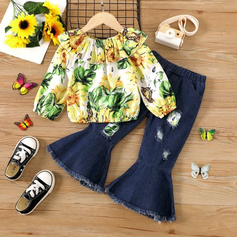2pcs Toddler Girl Allover Floral Print Ruffle Long-sleeve Top and Ripped Flared Pants Set