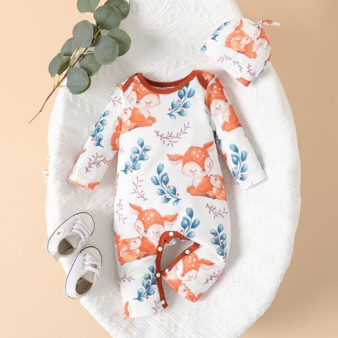2pcs Baby Girl/Boy Allover Animal Print Long-sleeve Jumpsuit with Beanie Hat