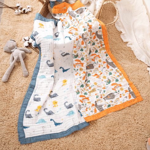 100% Cotton Cartoon Animal Dinosaur Pattern Baby Blankets 6-layer Cotton Gauze Soft Absorbent Newborn Swaddle Blanket Shower Wipes