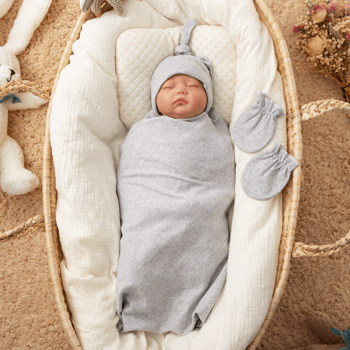 3-pack 100% Cotton Plain Newborn Wearable Blankets & Beanie Hat & Gloves
