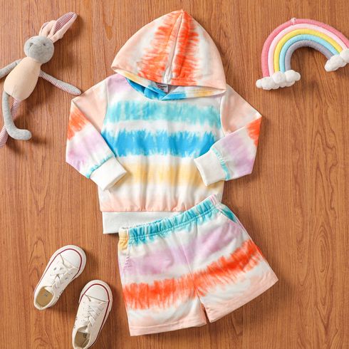 2pcs Toddler Boy/Girl Tie-dye Long-sleeve Hooded Sweatshirt and Shorts Set