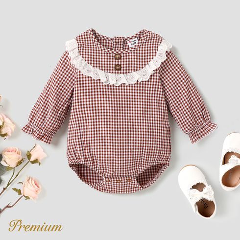 Baby Girl Lace Trim Long-sleeve Plaid Romper 