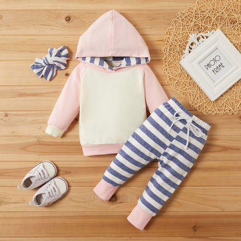 3pcs Striped Color Blocked Hooded Long-sleeve Baby Set