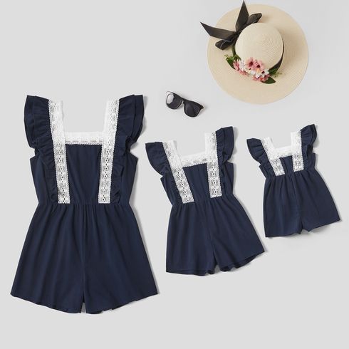 100% Cotton Lace Stitching Matching Navy Shorts Rompers