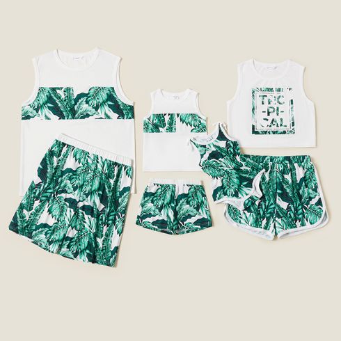Leaf Print Color Block Tank Top and Shorts Family Matching Pajamas (Flame resistant )