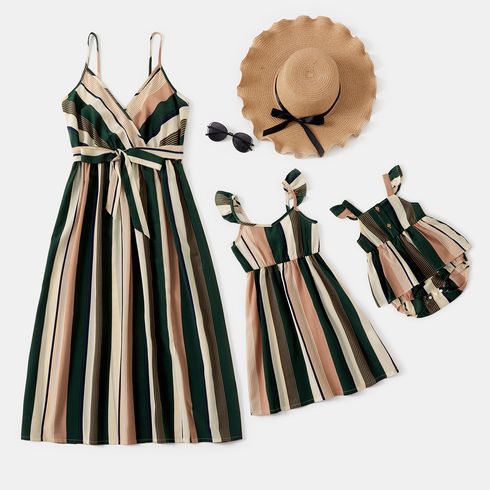 Stripe Print Sleeveless Matching Midi Sling Dresses