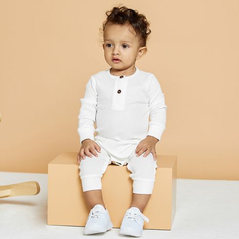 Baby Boy/Girl 95% Cotton Ribbed Long-sleeve Button Up Jumpsuit White big image 6