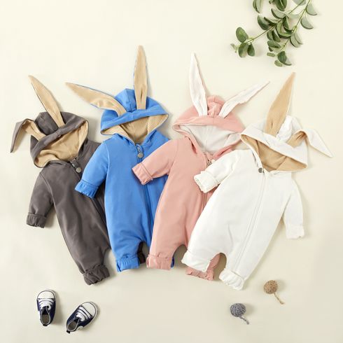 100% Cotton Color Block Hooded 3D Rabbit Ear Design Baby Jumpsuit