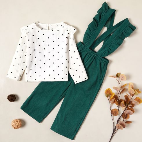 2-piece Kid Girl Polka Dots Ruffled Top and Ruffled Overalls Set