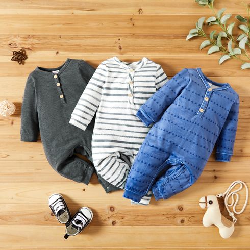 Baby Boy Solid/ Stripes Print Fleece Long-sleeve Jumpsuit One-Piece Coverall