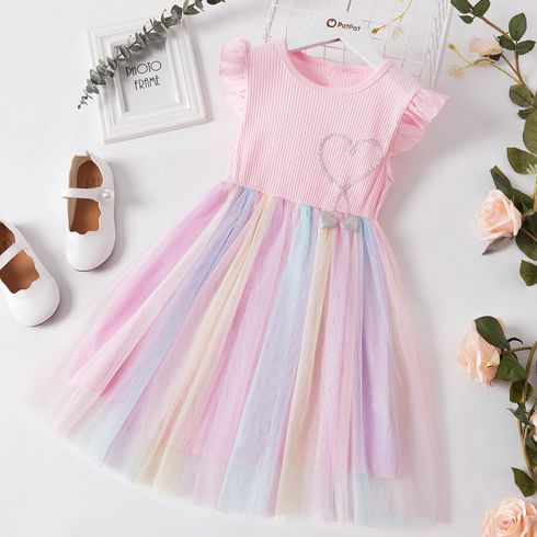 Beautiful Kid Girl Princess Fly Sleeve Heart Rainbow Mesh Party Dress Pink big image 1