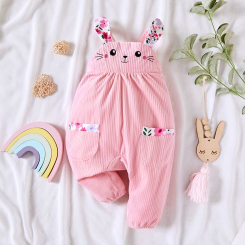 Baby Girl Pink Corduroy Rabbit Floral Print Suspender Jumpsuits