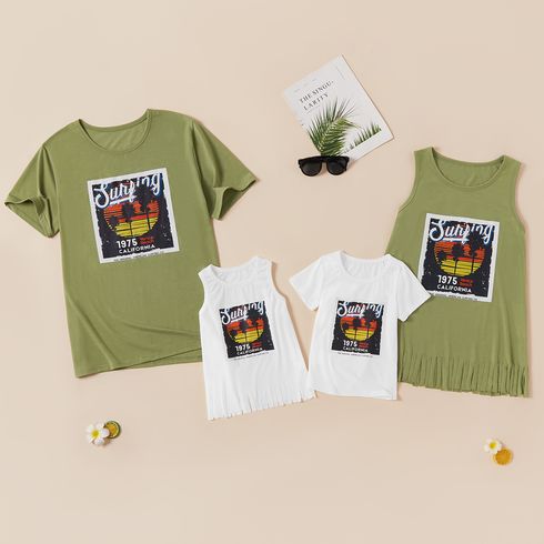 Surfing Letter Print Green and White Family Matching Short Sleeve T-shirts