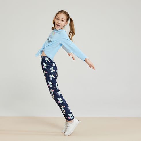 2-piece Kid Girl Butterfly Letter Print Tie Knot Long-sleeve Tee and Leggings Set Blue big image 9